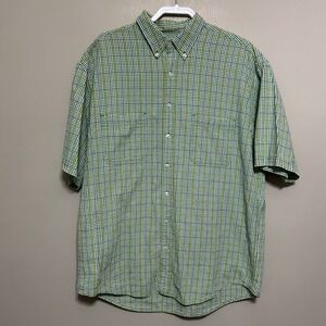Eddie Bauer Men's Shirt XL Green Gingham Check Short Sleeve Textured Button Down